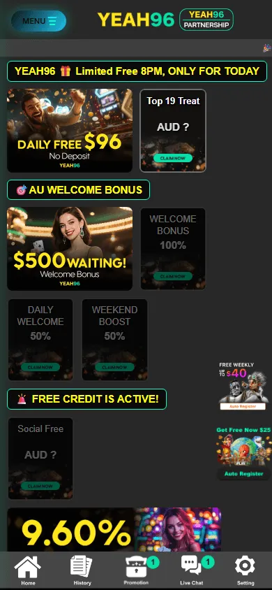 Yeah96 Casino mobile promotions area with deposit, loyalty, VIP and app rewards