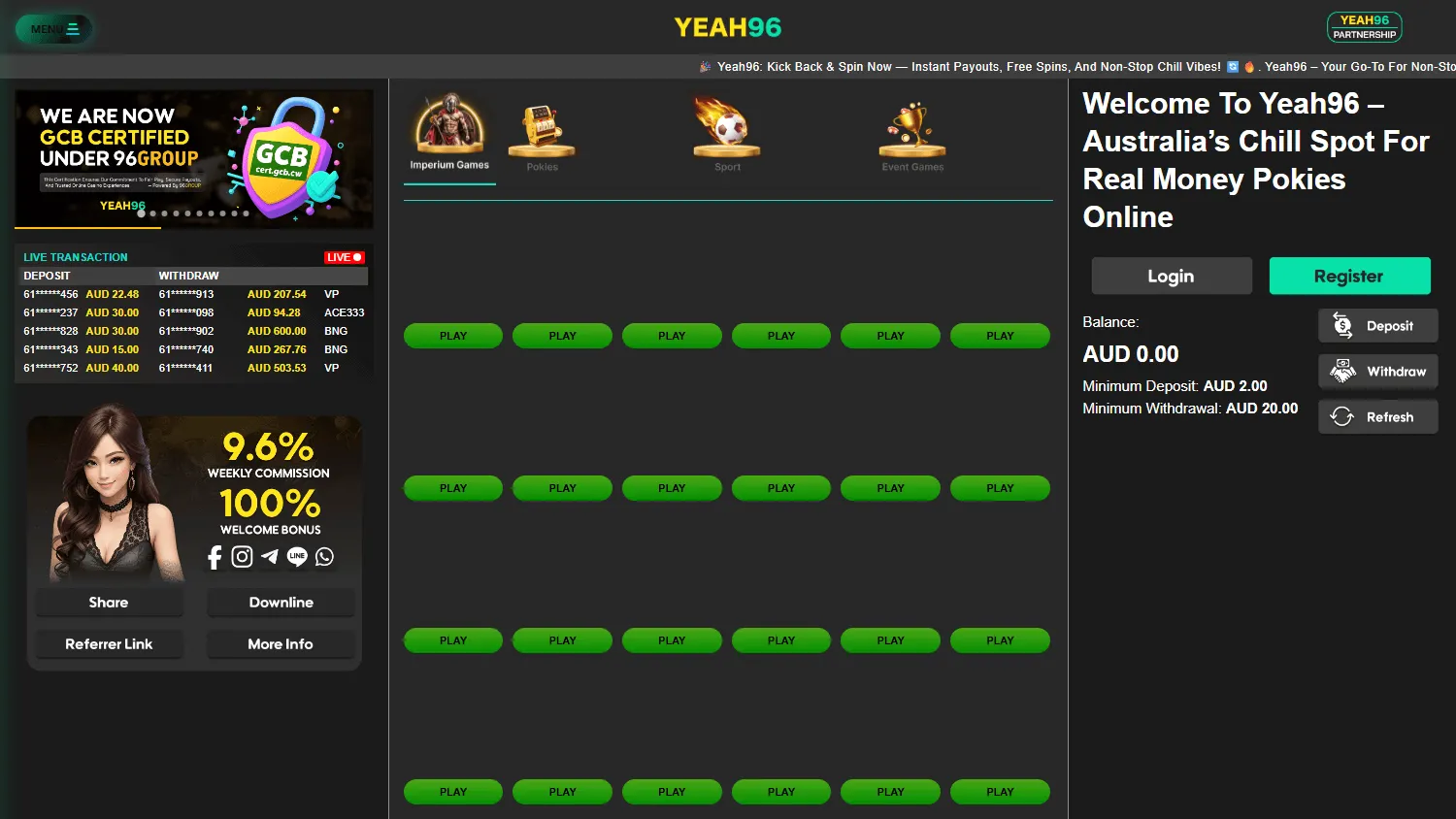 Yeah96 Casino desktop home with the welcome offer and casino sportsbook access