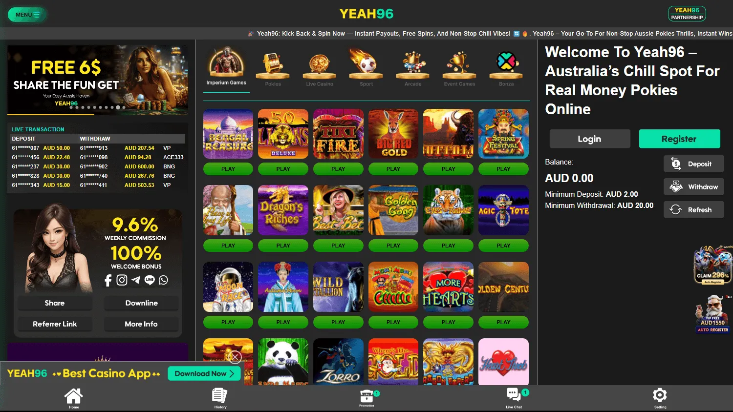 Yeah96 Casino desktop games area with pokies, live casino and table game access