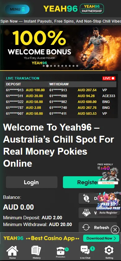 Yeah96 Casino mobile games area with slot, live casino and table game categories