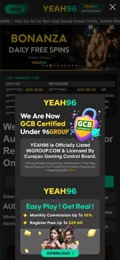 Yeah96 Casino mobile home with casino, sportsbook, cashier and promotional access